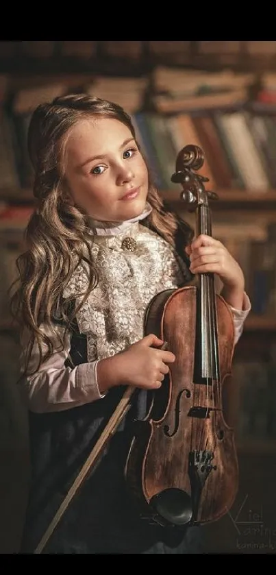 Young violinist in a warm vintage library setting.