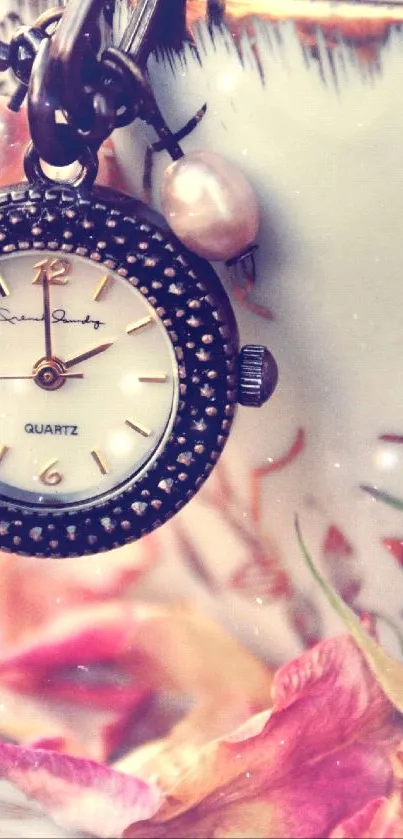 Vintage watch with floral art and dried petals.