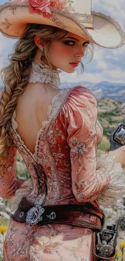 Elegant woman in western attire with scenic background.