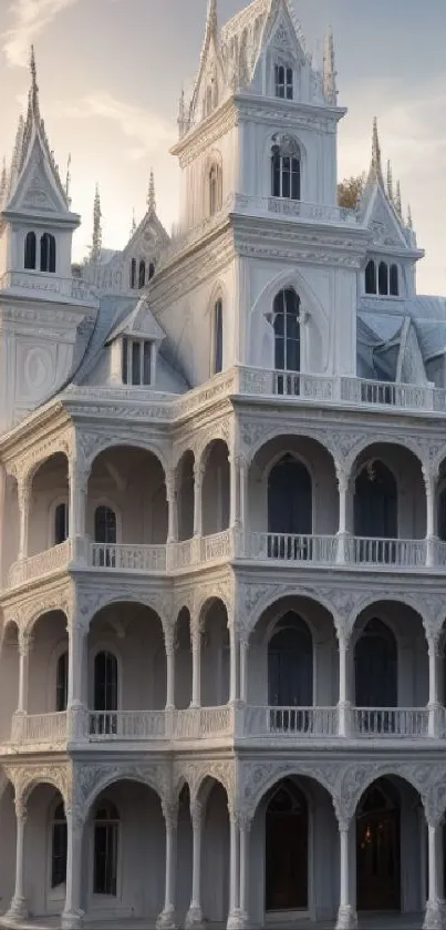 Vintage white mansion with intricate design under a serene sky.