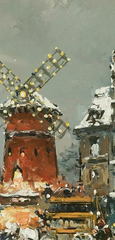 Vintage windmill art with snowy background.