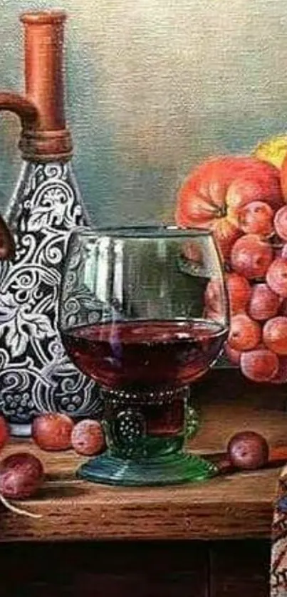 Vintage still life with wine and grapes on mobile wallpaper.