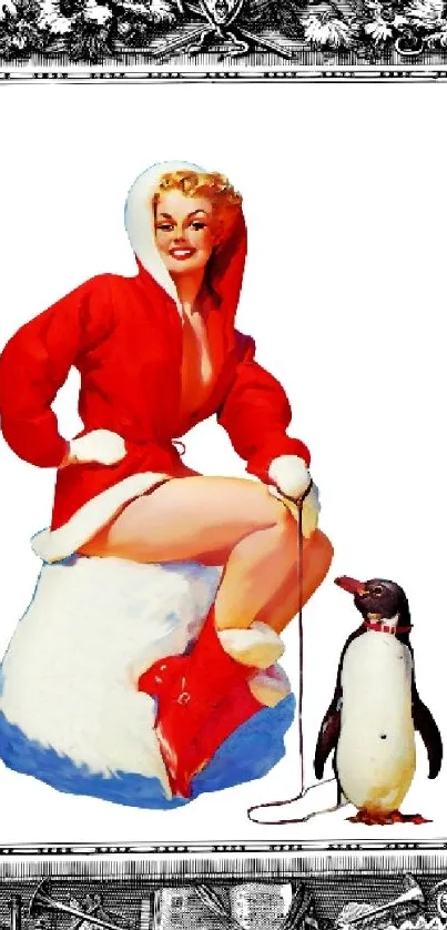 Vintage winter illustration with woman and penguin.