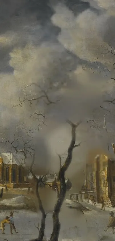 Vintage winter landscape painting with ice skaters and historic buildings.