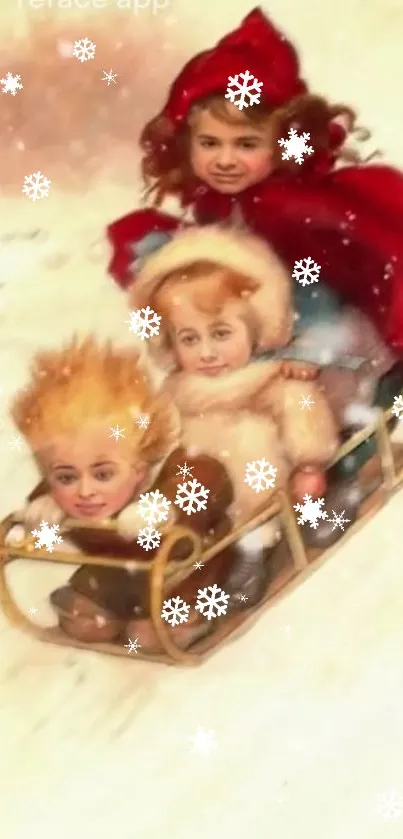 Children sledding in vintage winter scene with falling snowflakes.