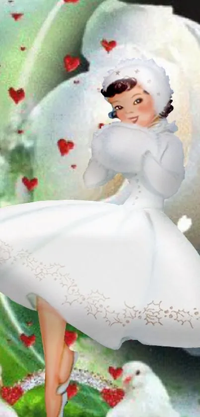 Vintage winter scene with white dress, red hearts, and green background.