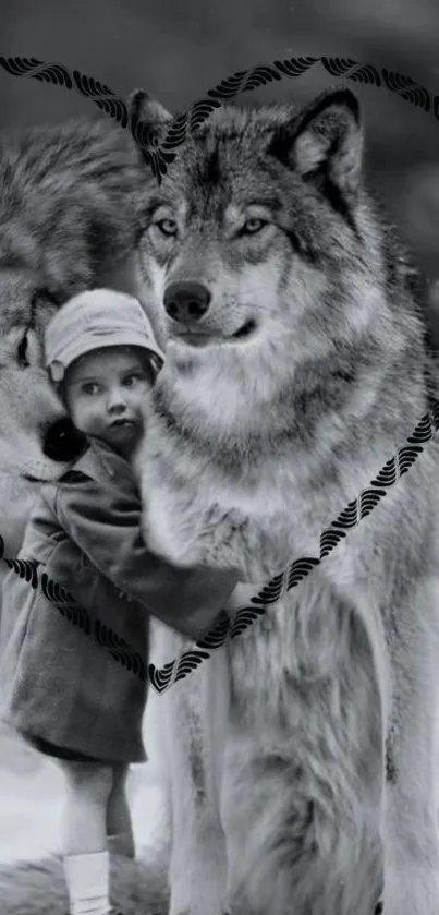 Child with wolves in a vintage style black and white wallpaper.