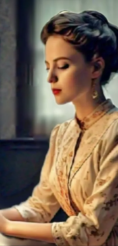 Vintage-inspired wallpaper featuring an elegant woman in classic attire.