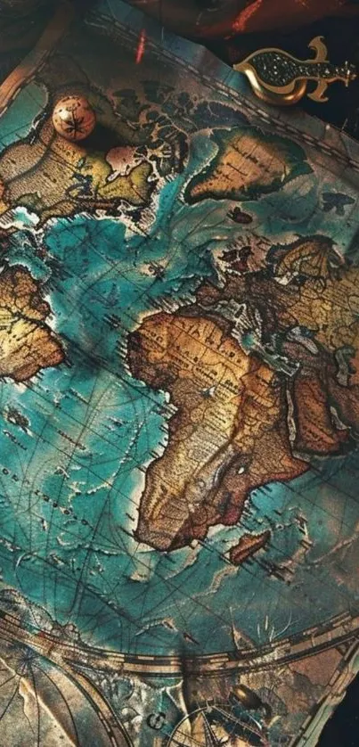 A vintage world map displaying continents with a rustic design.