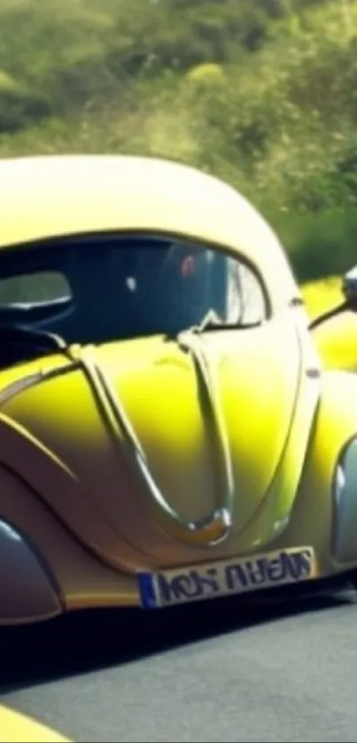 Vintage yellow Beetle on scenic road wallpaper.