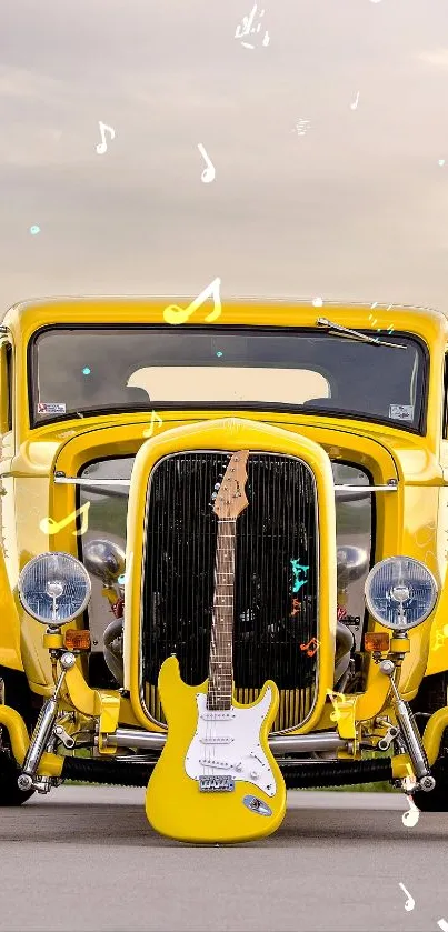 Yellow vintage car with guitar on display.