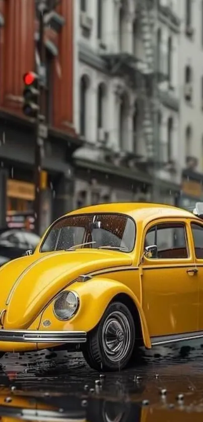 Yellow vintage car parked on rainy city street.