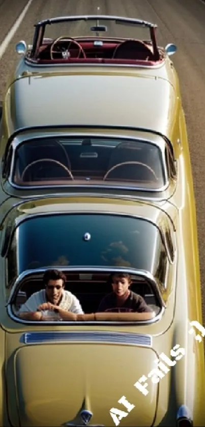 Vintage yellow convertible on an open road.