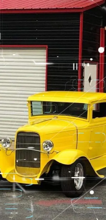 Vintage yellow car in front of a retro garage, exuding classic charm.