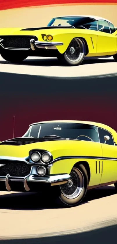 Vintage yellow cars on a vibrant wallpaper for auto enthusiasts.