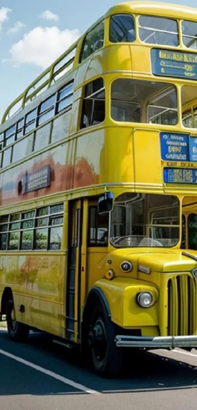 A bright yellow vintage double-decker bus on the road.