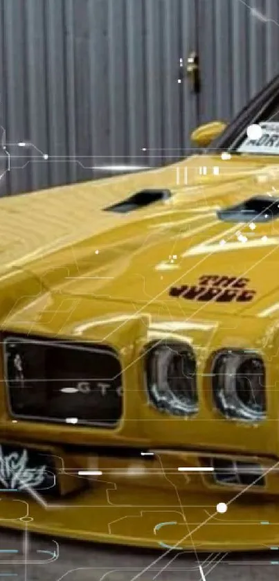 Vintage yellow muscle car in a garage setting, showcasing classic design.