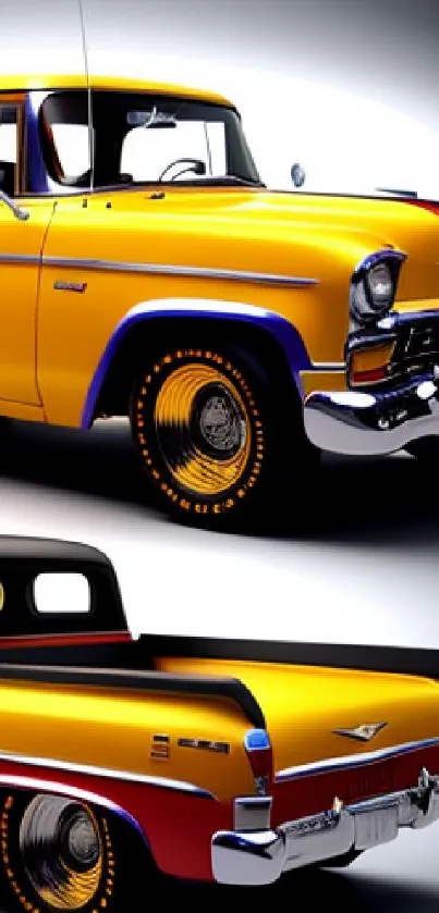Two vintage yellow pickup trucks in retro style.