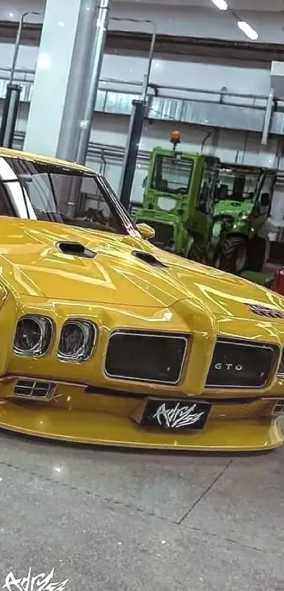 Vintage yellow sports car in a garage setting for mobile wallpaper.