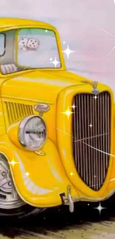 Artistic illustration of a vintage yellow truck on a colorful background.