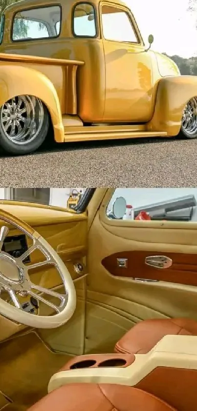 Vintage yellow truck by a lake with luxurious brown interior.