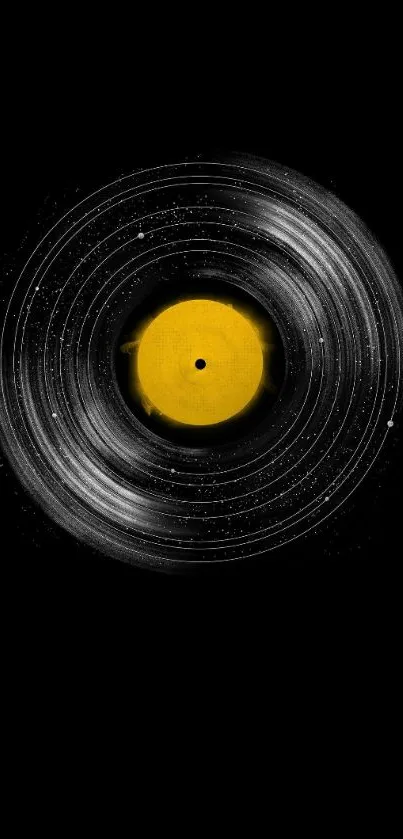 Vinyl record with yellow center on black background.