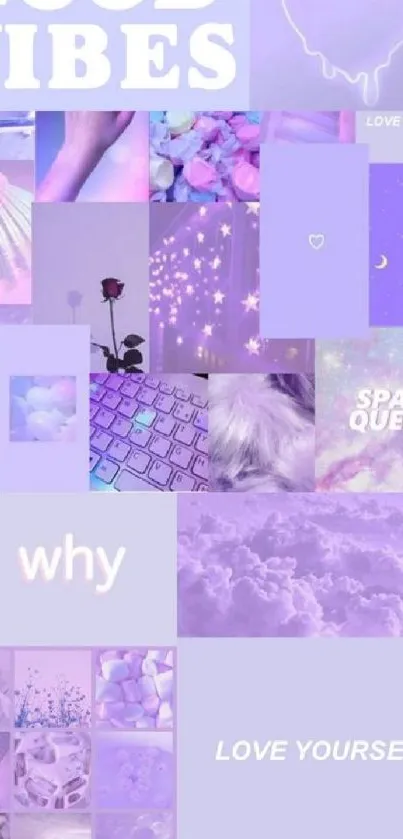 Violet aesthetic wallpaper with positive phrases and dreamy collage design.