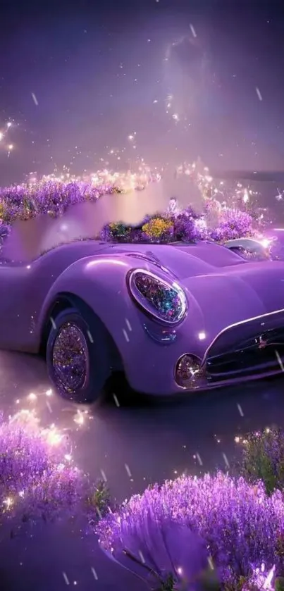 Dreamy violet car in a glowing fantasy landscape.