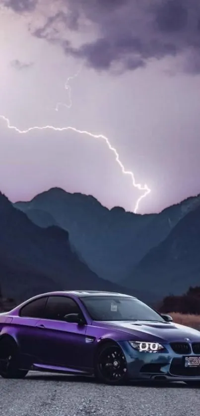 Violet car under lightning and stormy mountains.