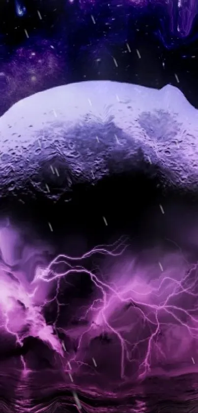 Violet moon with clouds and lightning over water.