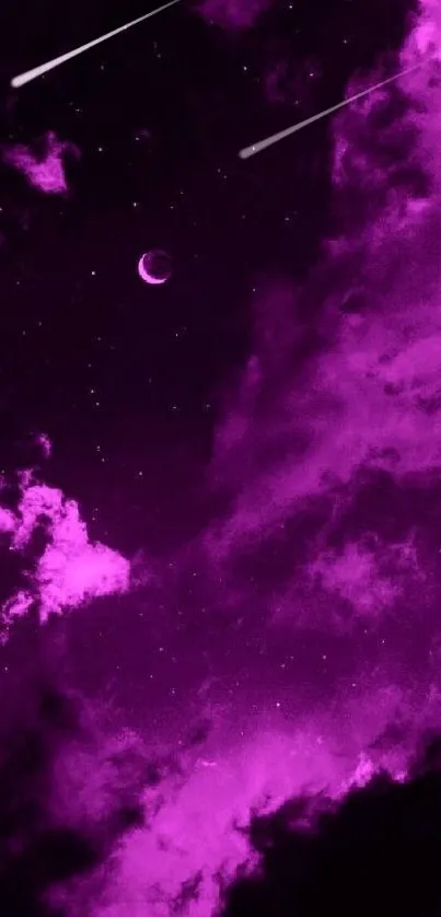 Violet night sky with crescent moon and stars.