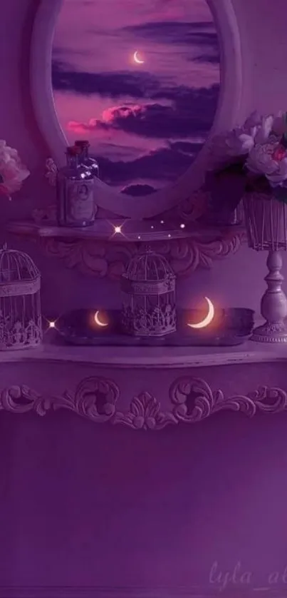 Violet dream wallpaper with crescent moon in mirror and floral decor.