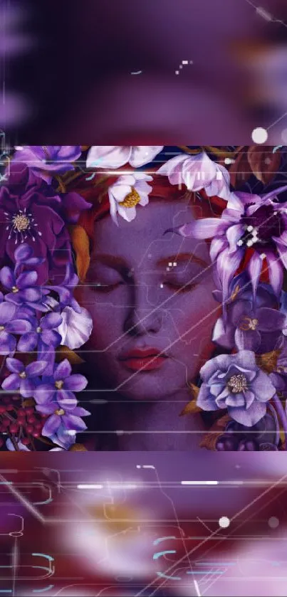 Serene face with vibrant violet flowers creating a dreamscape effect.