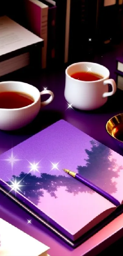 Violet-themed desk with notebook and tea cups, ideal for a minimalist mobile wallpaper.