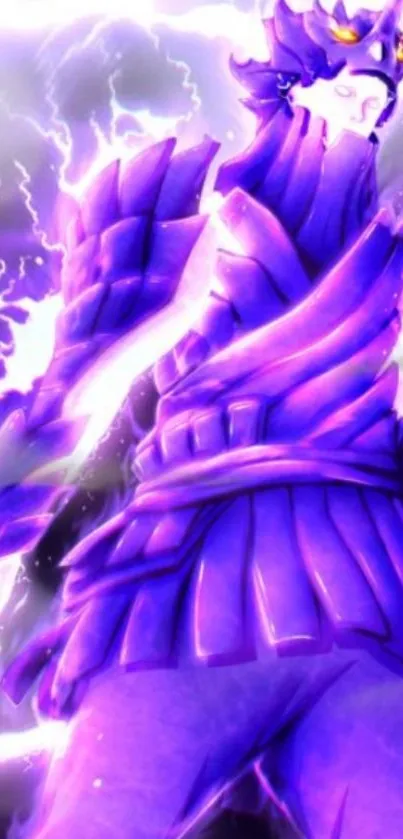 Mystical armored figure in vibrant purple lightning storm wallpaper.