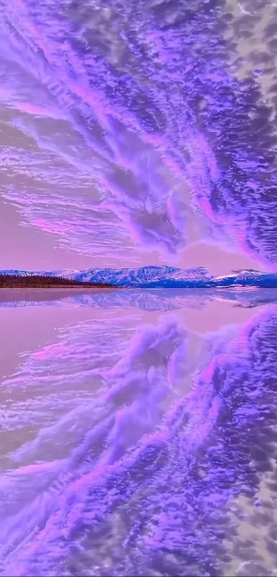 Violet sky reflected over calm waters with distant mountains.