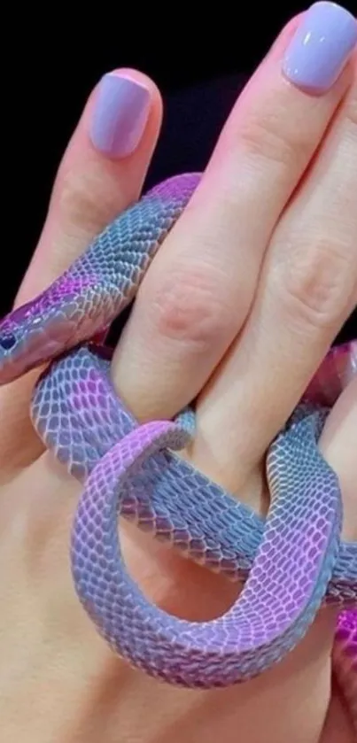 Violet snake wrapped around hand with purple hues on mobile wallpaper.