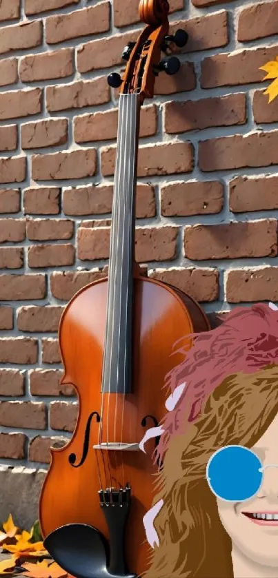 Violin leaning on a brick wall with autumn leaves.