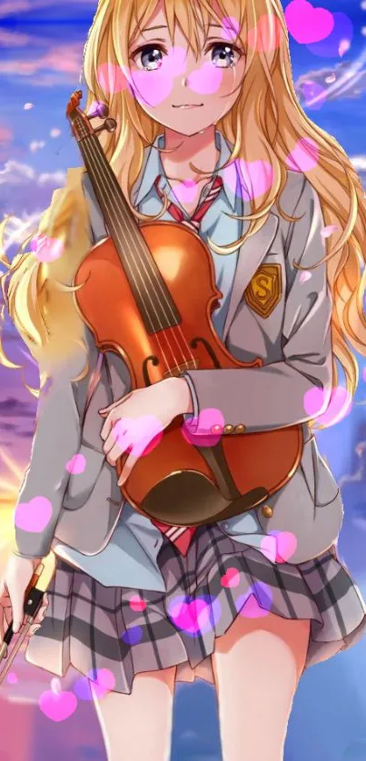 Anime girl with violin amidst sunset and pink hearts.