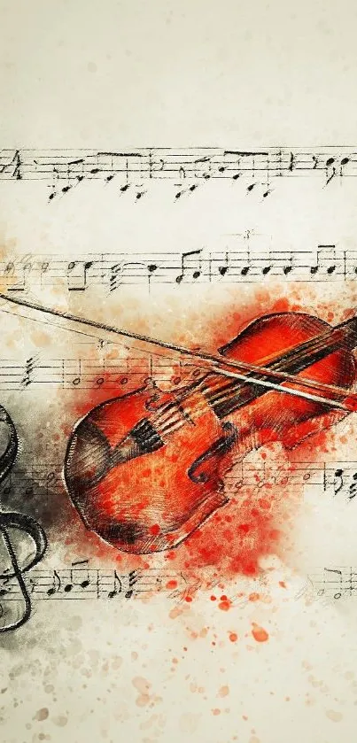 Artistic violin with music notes in vibrant watercolor design.