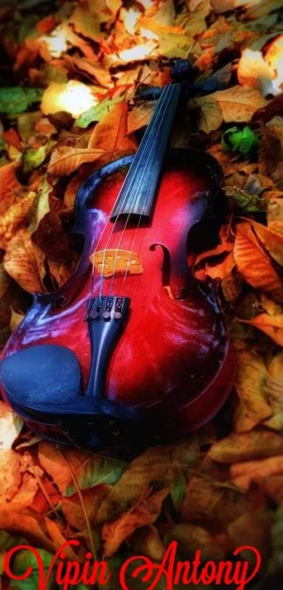 Violin resting on colorful autumn leaves.