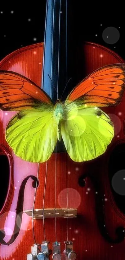 Vibrant butterfly on a violin, artistic mobile wallpaper.