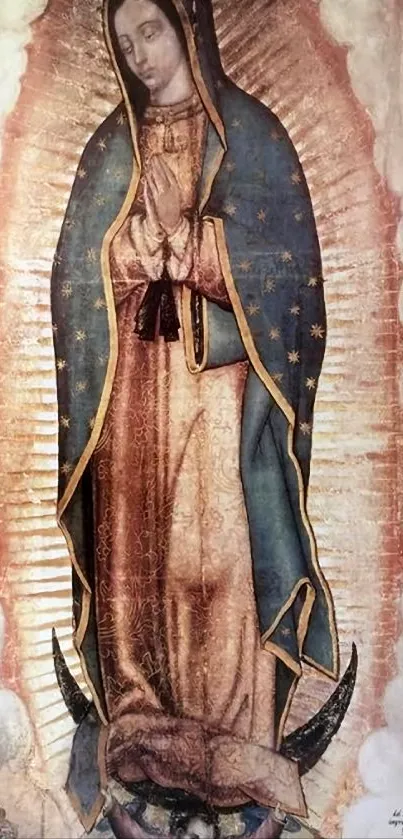 Iconic Virgin Mary image with golden hues on mobile wallpaper.