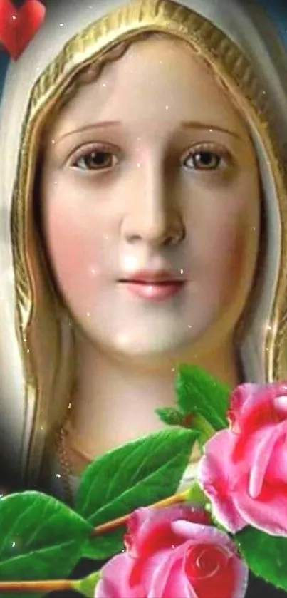 Serene Virgin Mary with roses and hearts mobile wallpaper.