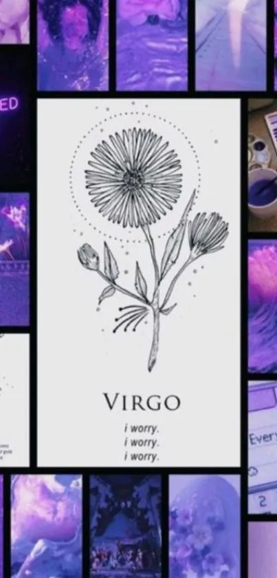 Virgo themed purple aesthetic wallpaper with floral illustration and zodiac motifs.