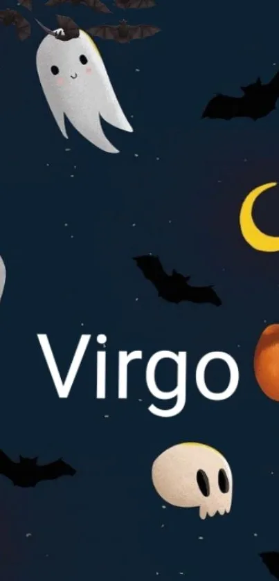 Virgo Halloween mobile wallpaper with ghosts and pumpkins on dark navy background.