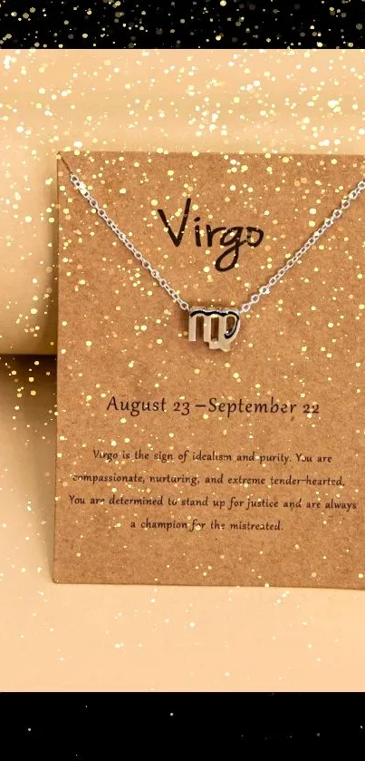 Virgo gold zodiac wallpaper with glitter and necklace design.