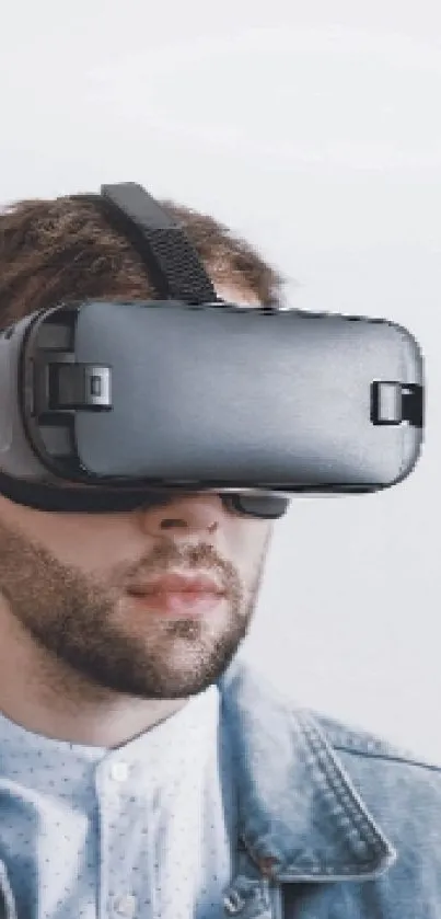 Person wearing VR headset against a white background.