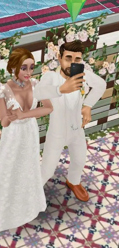 Virtual bride and groom taking a selfie in a floral-decorated setting.