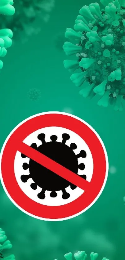 Green virus protection wallpaper with a red COVID prevention symbol.